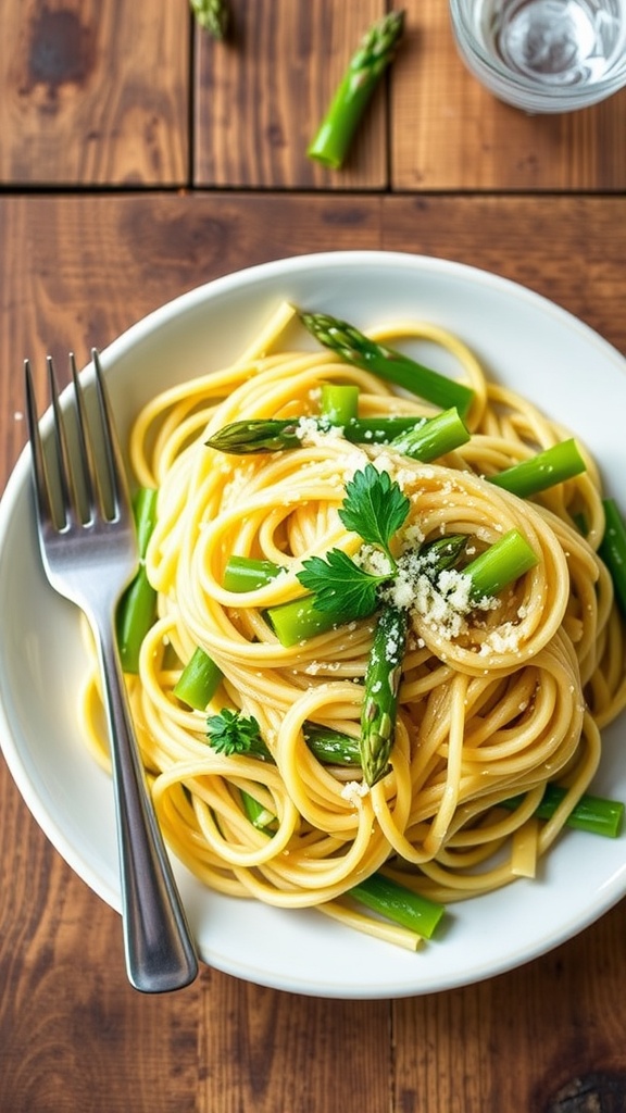 Garlic butter asparagus noodles with Parmesan and parsley on a rustic wooden table.